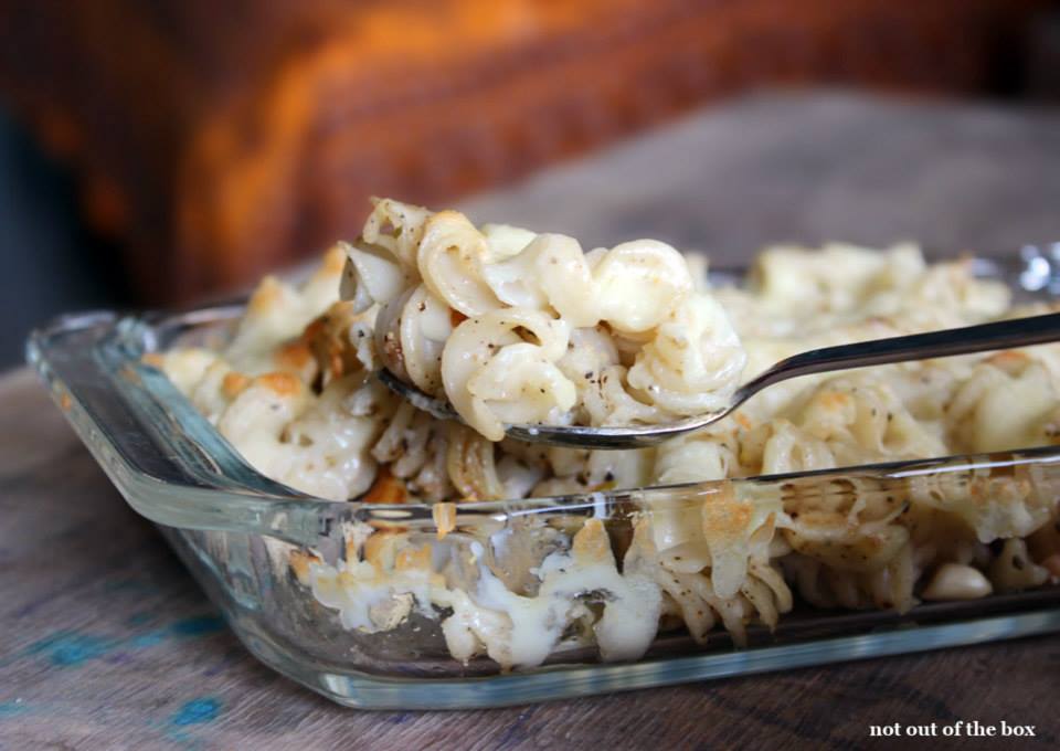 Baked Cheesy Pasta with garlic and crunchy peanuts Not Out of the Box