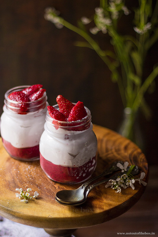 Cake Crumble Cream Cheese Jars with Red Wine Strawberries