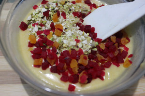Fruits and nuts added to the cake batter