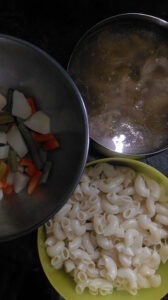 Boiled veggies, Boiled chicken with stock  and boiled macaroni