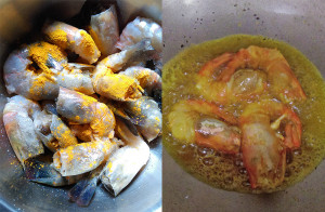 Prawns mixed with turmeric powder and salt. Then frying in hot oil.