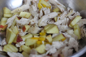 Salad in making: chopped apple, chicken pieces and chopped bell peppers in a bowl