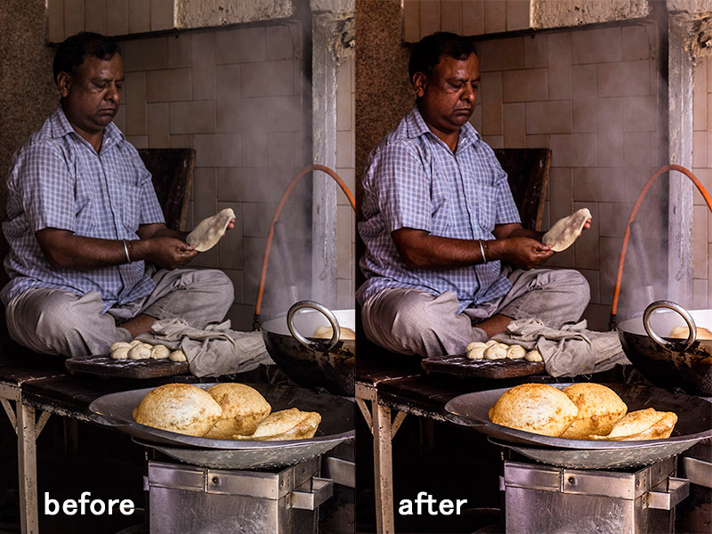 A man is making Chole Bhature at a road-side shop