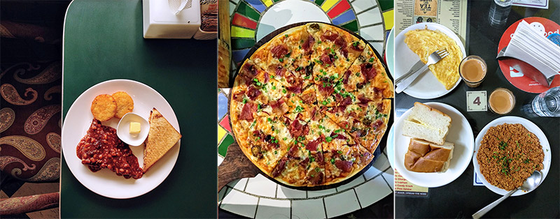 Foods on interesting table tops at different restaurants